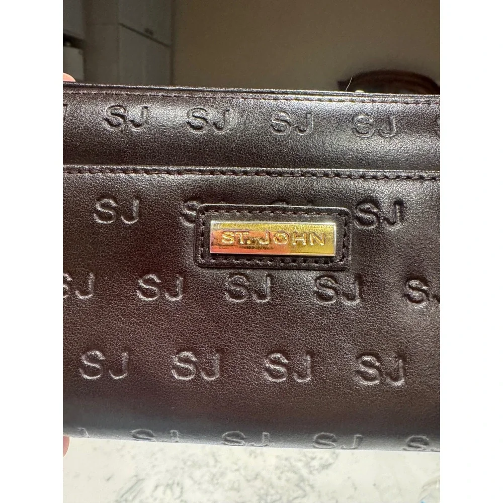 St. John Dark Brown SJ Monogram Embossed Leather Zip Around Wallet Gold Hardware